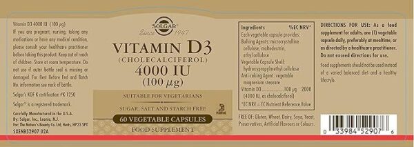 Solgar Vitamin D3 4000 IU Vegetable Capsules - Image 2
